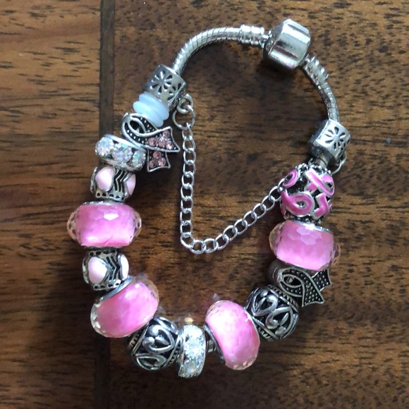 Pink Sterling Silver Bead Charm Breast Cancer Awareness Bracelet - Picture 10 of 12
